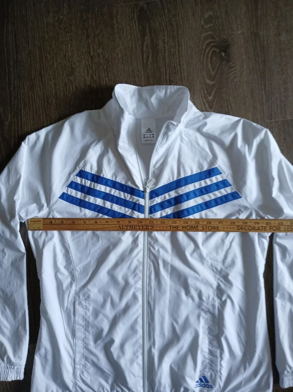adidas Mens White Windbreaker with Blue Chevron Stripes and Logo